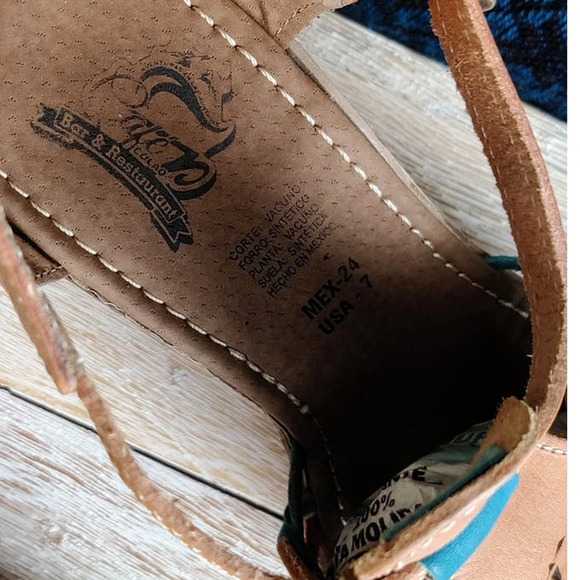 Mexican Platform Espadrille Sandal Huarache Leather Tan with Colorful Accents 7M - Picture 6 of 10